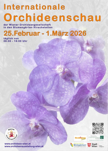 Plakat der Internationalen Orchideenschau 2026 mit violetten Orchideen